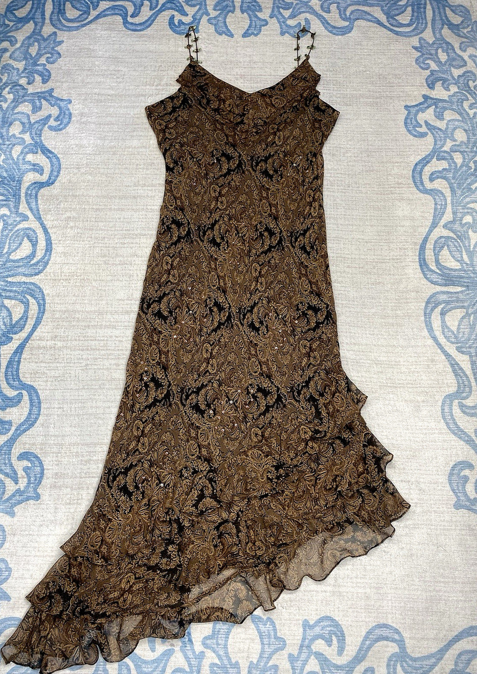 ECI New York Dress Womens 8 Vintage Y2K 90s Paisley Silk Fairy Asymmetrical Midi